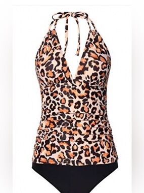 Leopard Print Halter Tankini with Black Bottoms